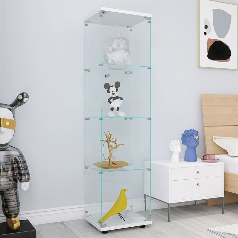 Lighted 4 Shelves Glass Cabinet Glass Display Cabinet with One Door - White