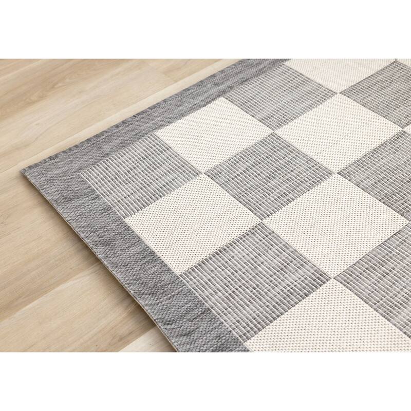 Jackson Collection - Grey Cream Border Checkerboard Indoor Outdoor Area Rug
