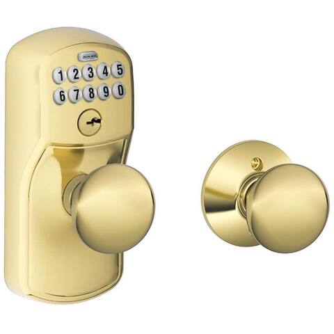 Schlage Plymouth Keypad Entry Auto-Lock Door Knob Set with Plymouth - Lifetime Polished Brass