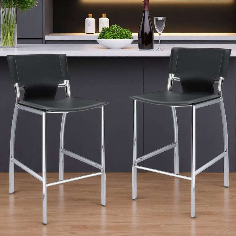 HomeRoots Set of Two 29" Gray and Silver Metal and Faux Leather Low Back Bar Height Bar Chairs - Bar Height - Gray - Set of 2