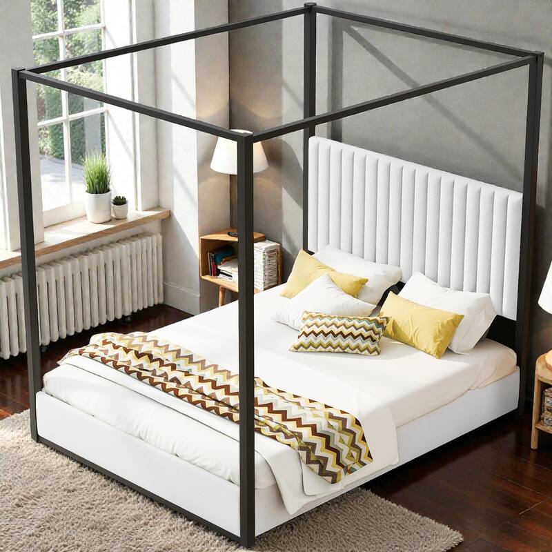Upholstered Canopy Platform Bed with Headboard, Metal Frame Queen King Bed, No Box Spring Needed