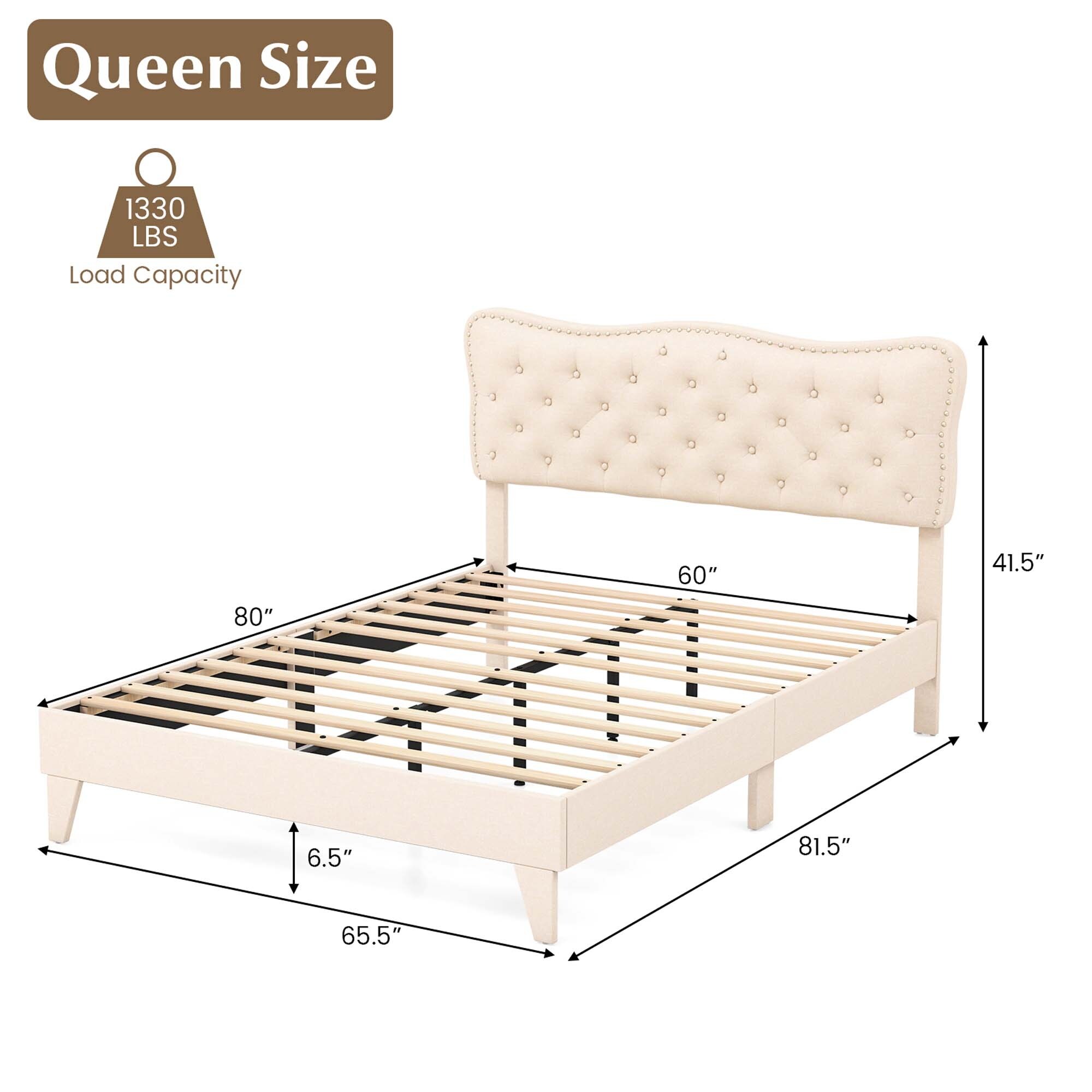 Upholstered Full Bed Frame Linen Fabric Headboard Mattress Foundation