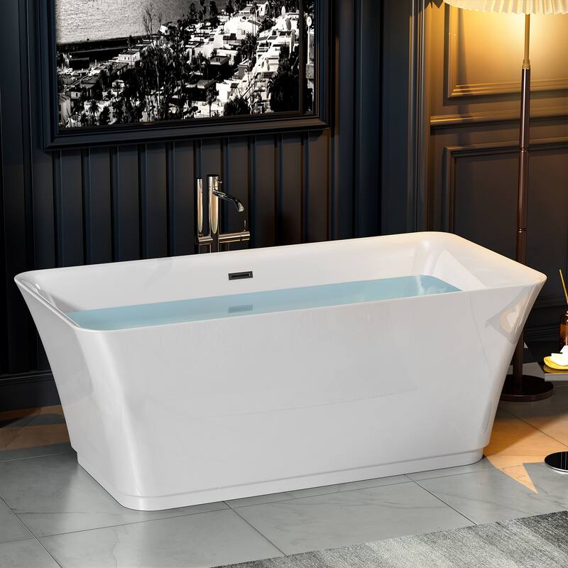 Empava 59 in. x 29.5 in. Freestanding Flat Bottom Bath Tub Soaking Bathtub with Center Drain in White