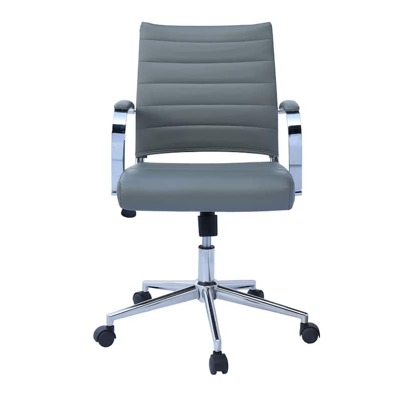 Black Office Chairs Mid Back Ribbed PU Leather Executive Task Work Conference With Arms Wheels Tilt Swivel Rolling