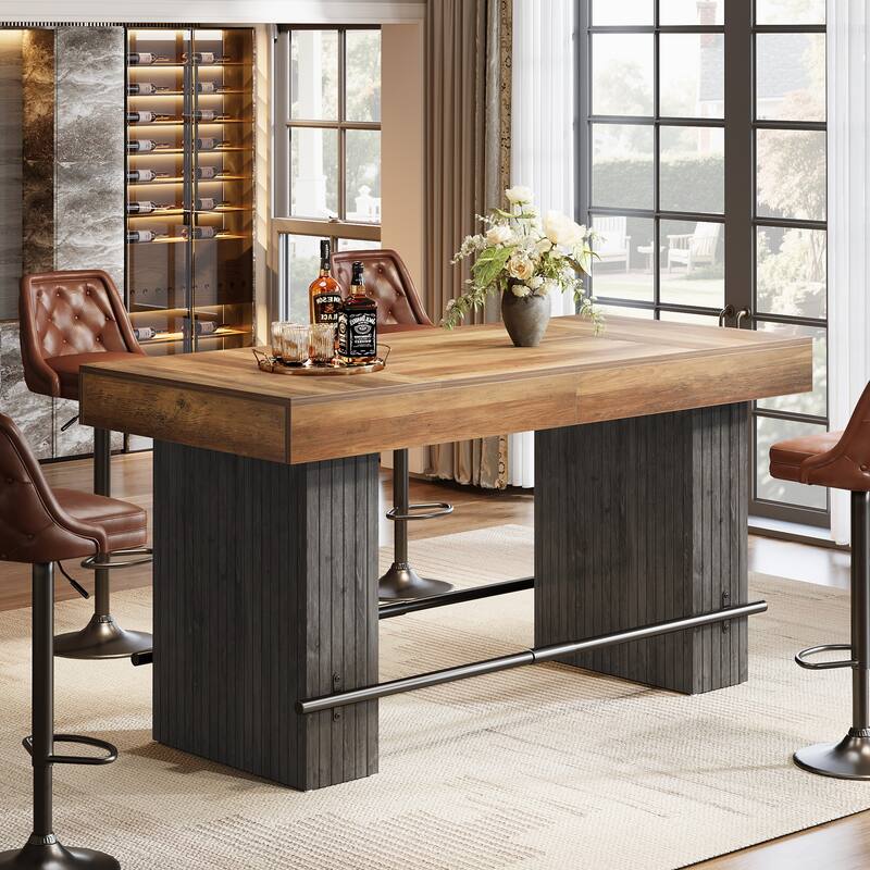 62.2-Inch Bar Table, Industrial Counter Height Pub Dining Table with Metal Footrest - Rustic Brown
