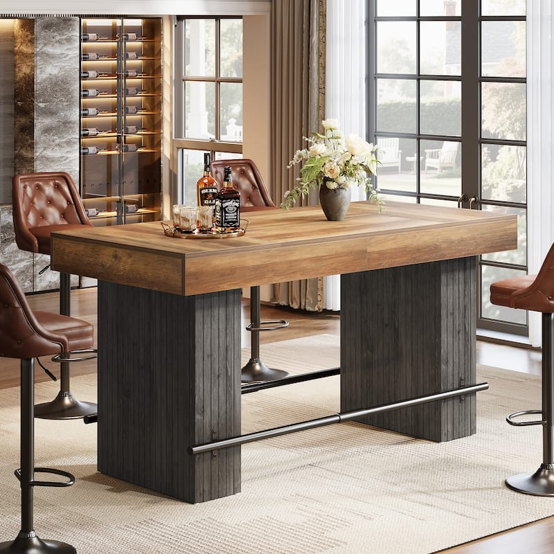63-Inch Bar Table, Industrial Counter Height Pub Dining Table with Metal Footrest - Rustic Brown