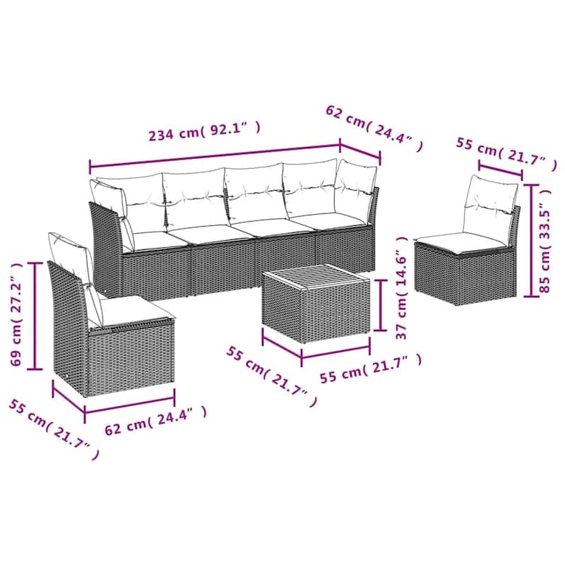 vidaXL Patio Sofa Set with Cushions Outdoor Furniture 7 Piece Poly Rattan - 24.4" x 24.4" x 27.2"