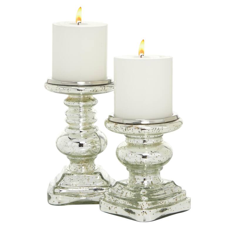 Glass Handmade Turned Style Pillar Candle Holder - Set of 2 Silver - Roche River Decor