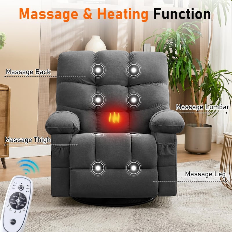 Massage Swivel Recliner Chair with Vibration Massage and Lumbar Heating for Adults, Oversized Recliner Single Sofa with USB