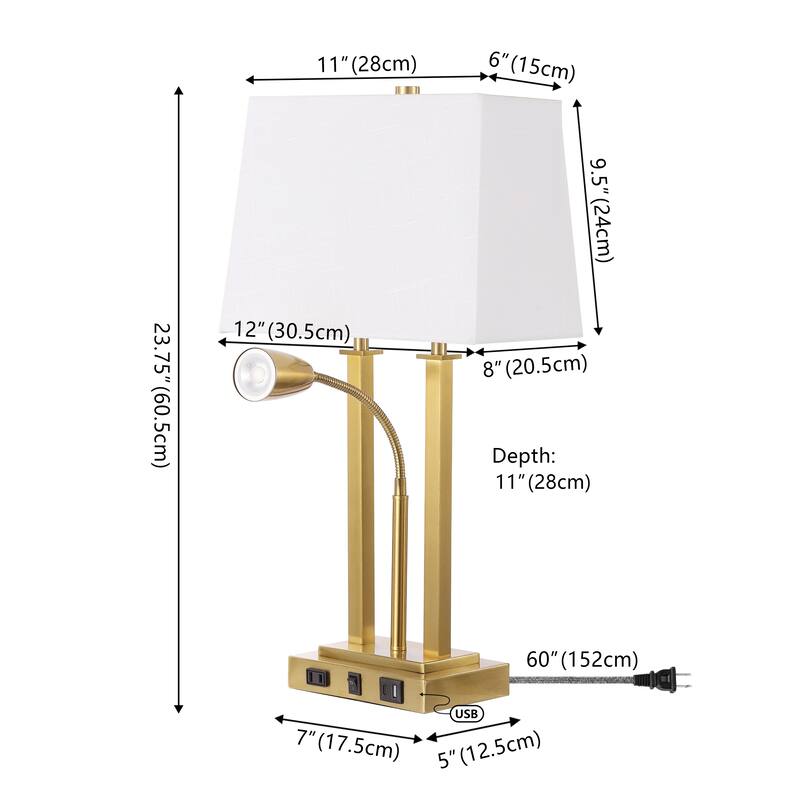 Callie 23.75" 2-Light Farmhouse Metal LED Table Lamp with USB Charging Port, Adjustable Reading Light, by JONATHAN Y