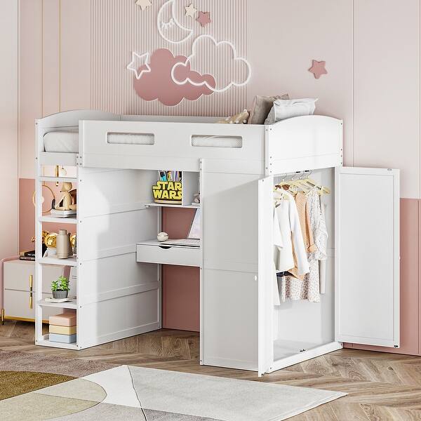 slide 2 of 28, Twin Size Wood Loft Bed with Wardrobes, 4 Drawers and 4 Shelves