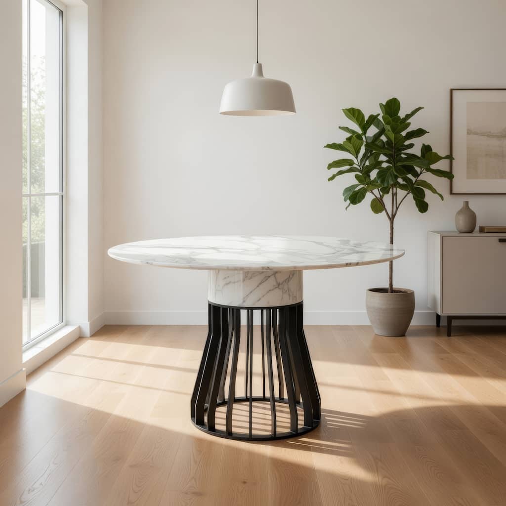 Jett 47 Inch Dining Table, White Round Marble Top, Metal Cage Frame Base