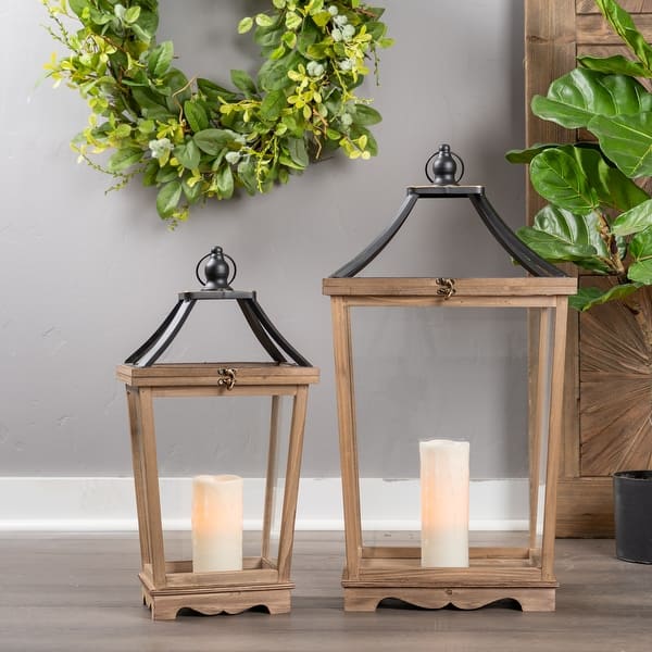 Set Of Two Beige Flameless Floor Lantern Candle Holder