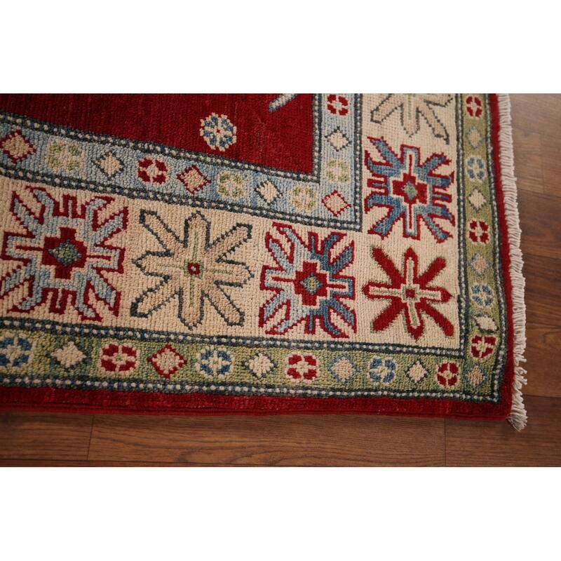 Red Geometric Kazak Rug Hand-Knotted Traditional Wool Carpet - 5'0" x 7'0"