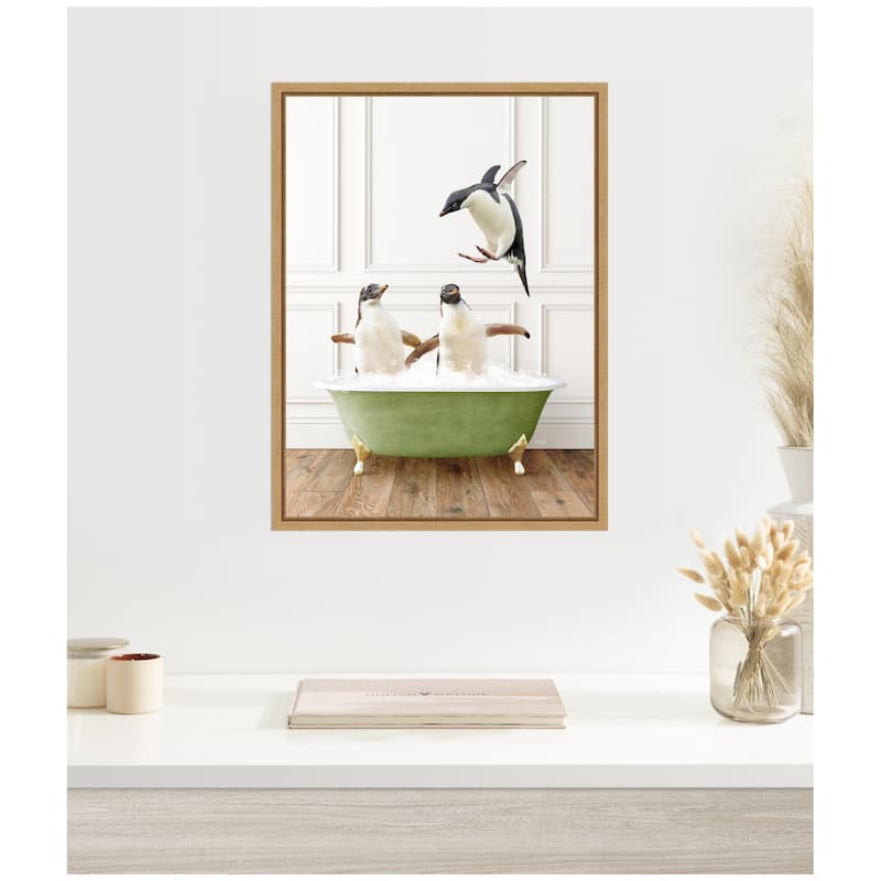 Kate and Laurel Sylvie Penguins in Transitional Bathtub Framed Canvas by Amy Peterson