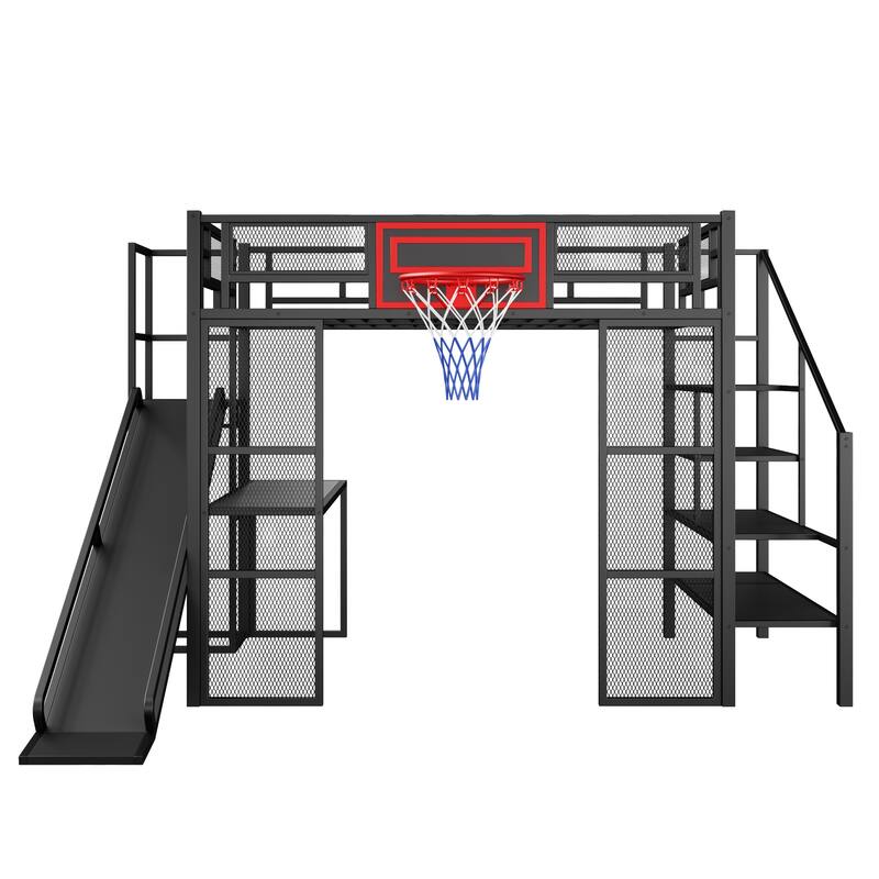 Full Size Metal Loft bed with Built-in Desk, Open Wardrobe, Basketball hoop, Slide and Staircase