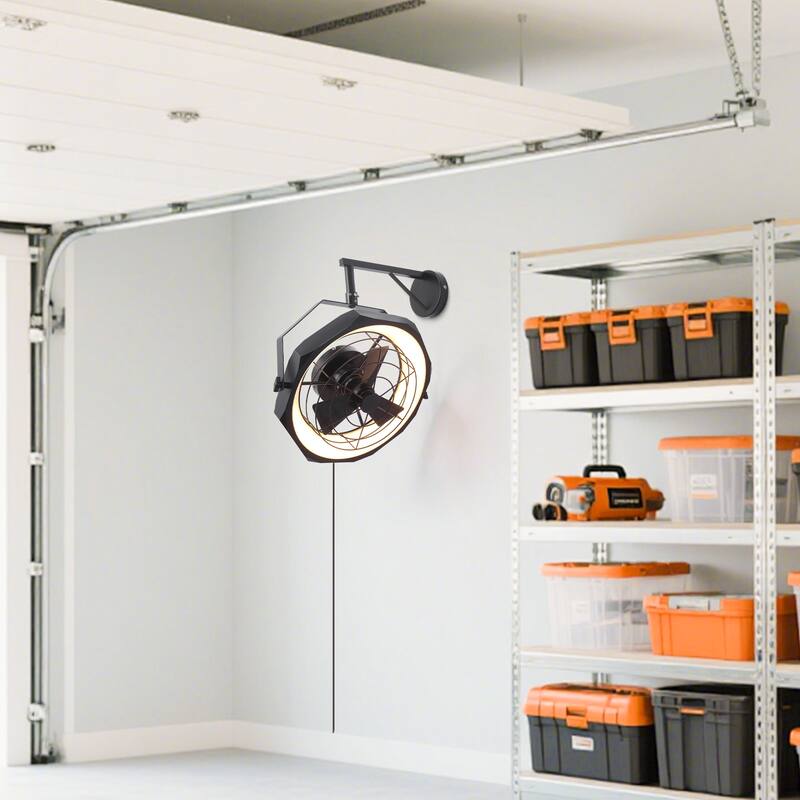 20" Industrial Black Integrated LED Caged Ceiling Fan Wall Mounted Fan with Light