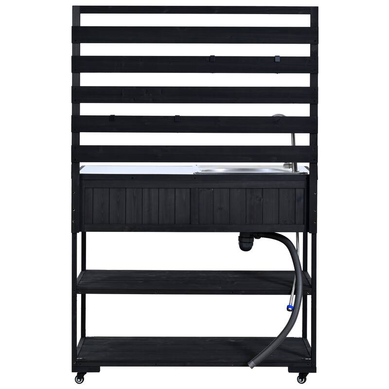 Roomfitters 41.7" Garden Potting Bench with Sink, Rolling Outdoor Potting Table, Bottle Opener, Storage Shelves, Hutch