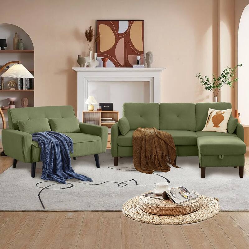 77.17" Corduroy 3 Pieces Living Room Sets with Sofa, Ottoman and Loveseat - Green