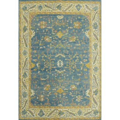 Floral Blue Oushak Vegetable Dye Area Rug, Floral Geometric Carpet - 9' 10'' X 8' 3''