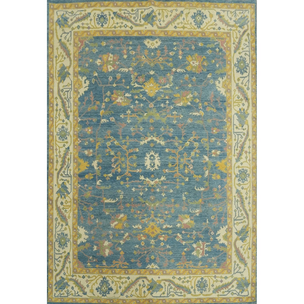 Floral Blue Oushak Vegetable Dye Area Rug, Floral Geometric Carpet - 9' 10'' X 8' 3''