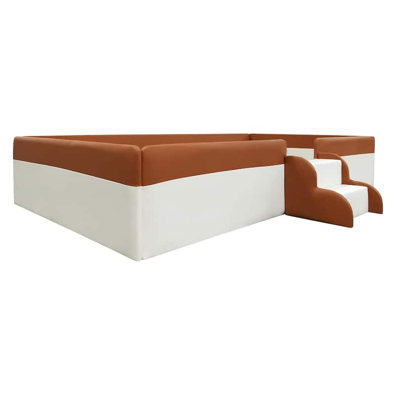 Twin Size Upholstered Daybed Frame with Fence and Stairs,(BROWN+WHITE)