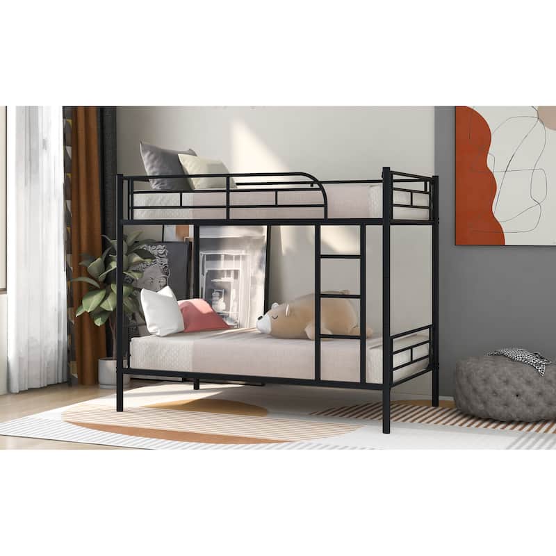 Black Twin over Twin Size Metal Bunk Bed with Fence and Ladder for Kids, Bedroom