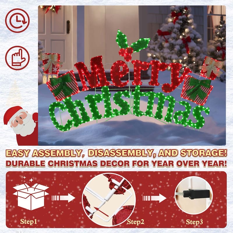 VEIKOUS 6FT Merry Christmas Sign with LED Lights, 2-in-1 Hanging or Freestanding Outdoor/Indoor LED Wall Sign Decor