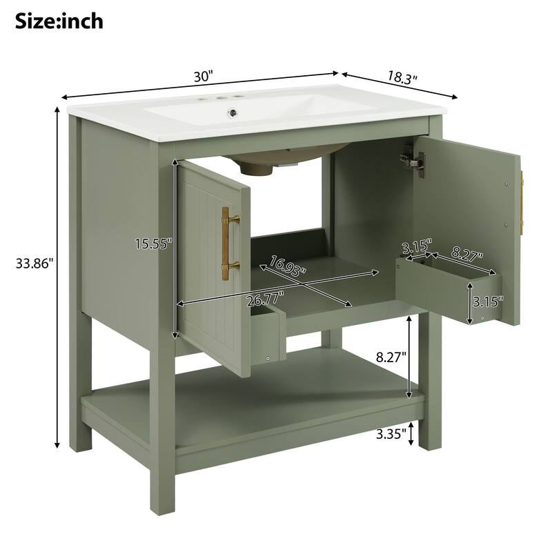 Modern 30" Bathroom Vanity Set with Ceramic Sink, Gold Accents, Soft-Close Doors & Open Shelf for Small Spaces