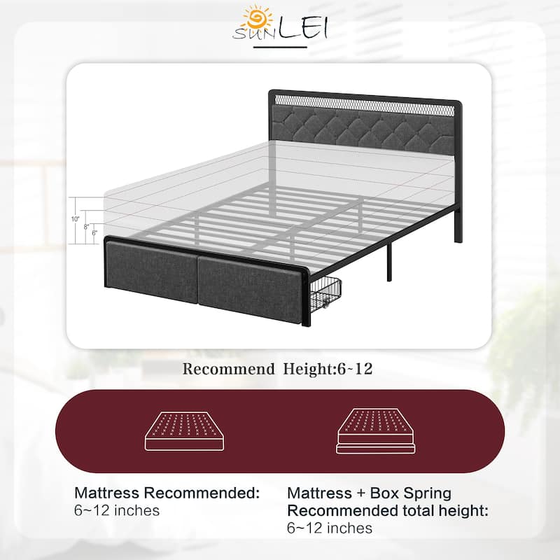 Full & Queen Size Bed Frame with LED Headboard, USB Charging – Modern Platform Bed Base with Under-Bed Clearance