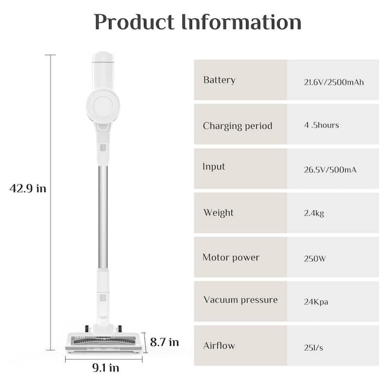 Powerful Cordless Stick Vacuum - 24kPa Suction, HEPA Filtration, 3 Modes
