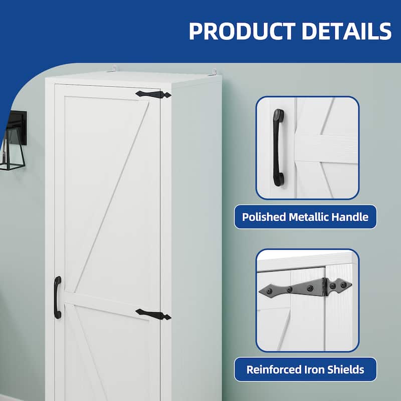 Moasis 63" Tall Barn Door Wooden Cleaning Tool Cabinet with Storage Rack and Sleek Hanging Rods