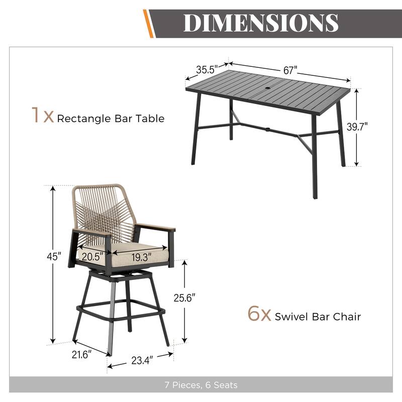 7-Piece Outdoor Patio Wicker Bar Counter Height Stool Set with Back and Cushion