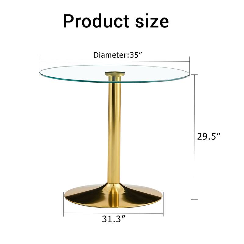 Roomfitters Round Glass Dining Table with 35 Inch Top and Gold Metal Legs for Dining or Meeting Spaces