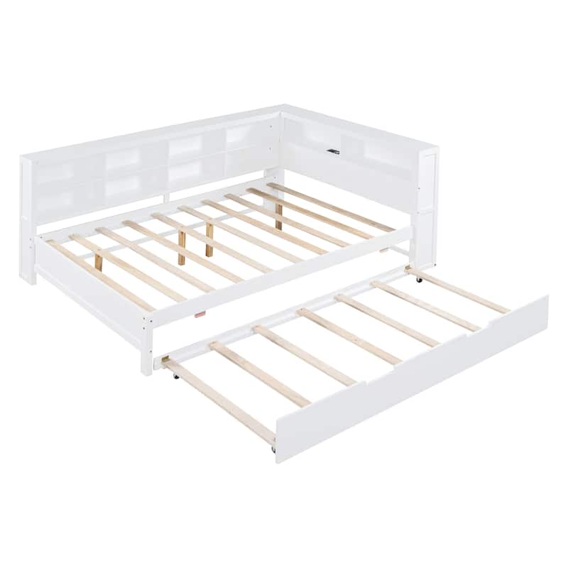 Wooden Full Size DayBed with Twin Size Trundle USB Charging Ports and Storage Shelf, White - White - Full