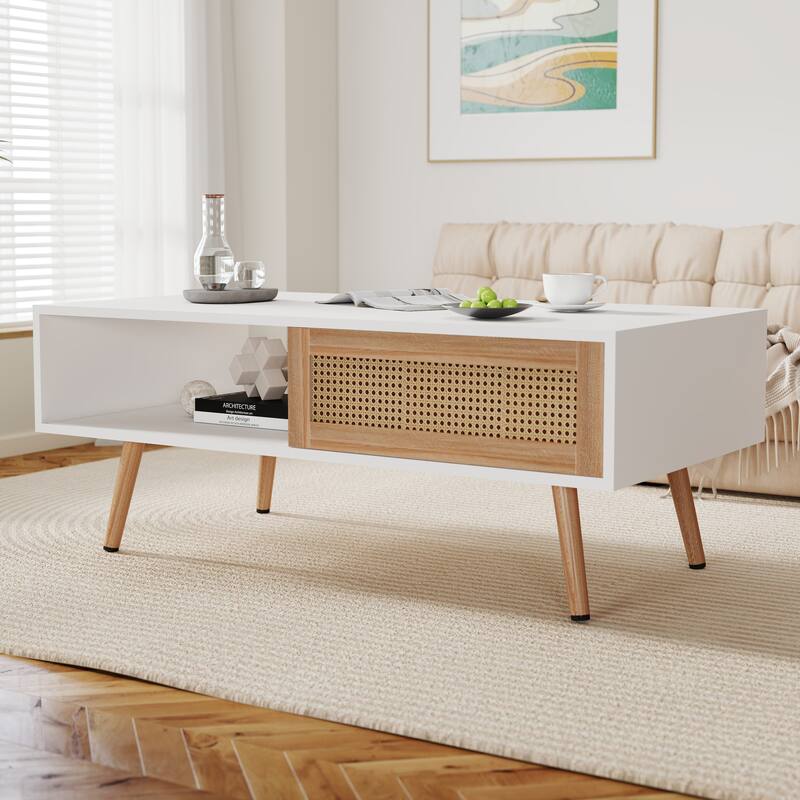 Anmytek White Rattan Coffee Table 41.34 Inch with Storage Sliding Door and Solid Wood Legs for Living Room