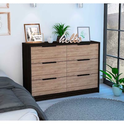 Longhill 6-Drawer Rectangle Dresser Black Wengue and Pine