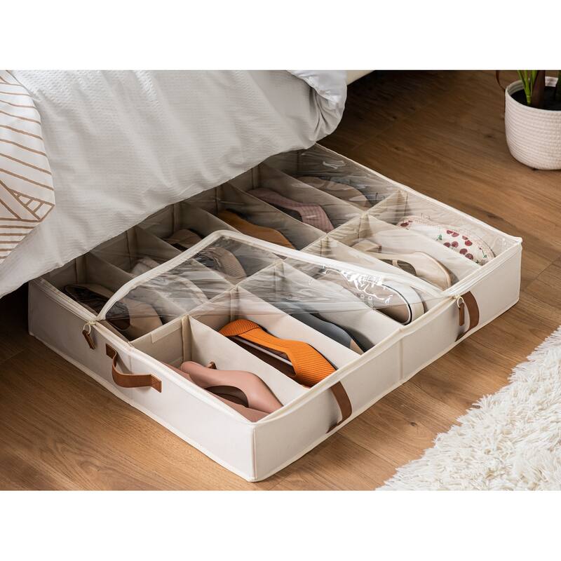 2-Pack Underbed Shoe Storage Organizer with Adjustable Dividers, 24 Pairs Fabric Shoe Storage Box - 30" W x 24.5" D x 5.25" H