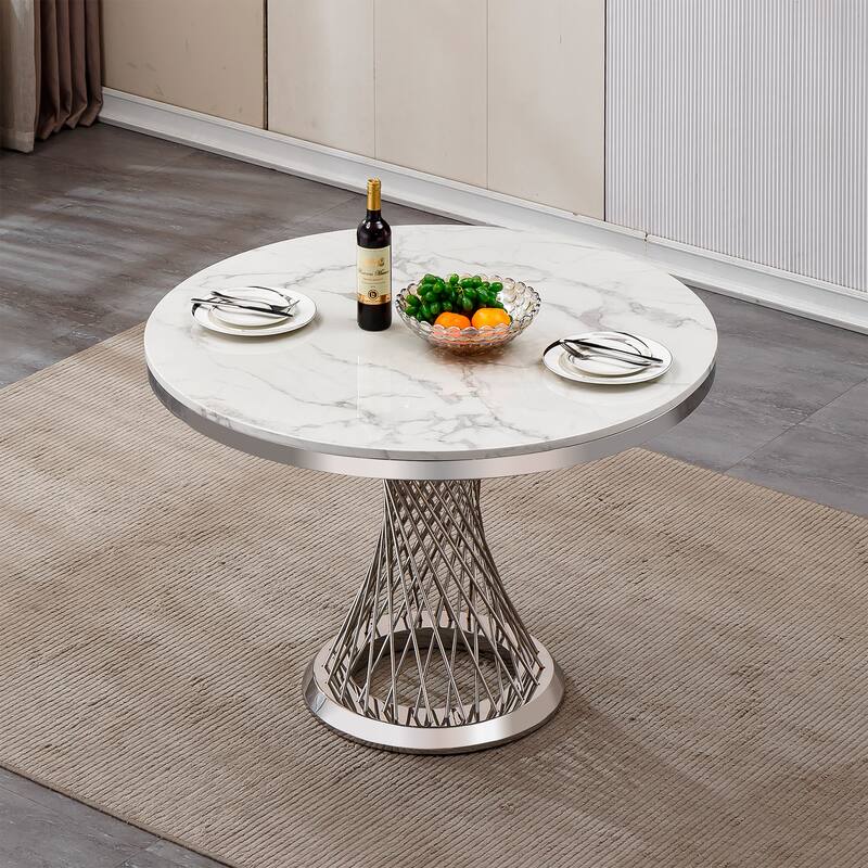 47" Round Dining Table with Faux Marble Tabletop and Stainless Steel Base - Silver+White