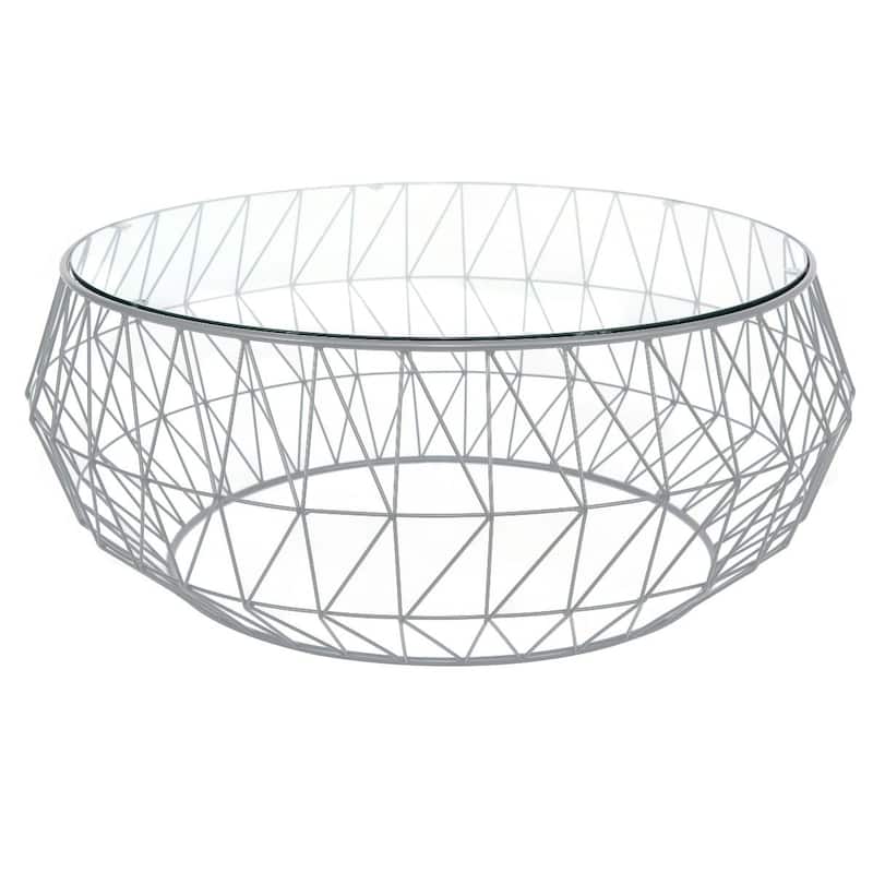 Malibu Octagon Coffee Table Templered Glass Tabletop in Sturdy Metal Geometric Base - 15" H x 34.5" W x 34.5" D - Grey