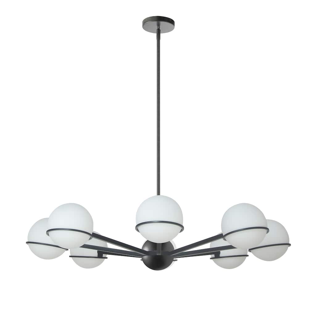 Modern 8-Light Chandelier - Black Finish, Opal Glass - Dining Room Lighting - 7.75