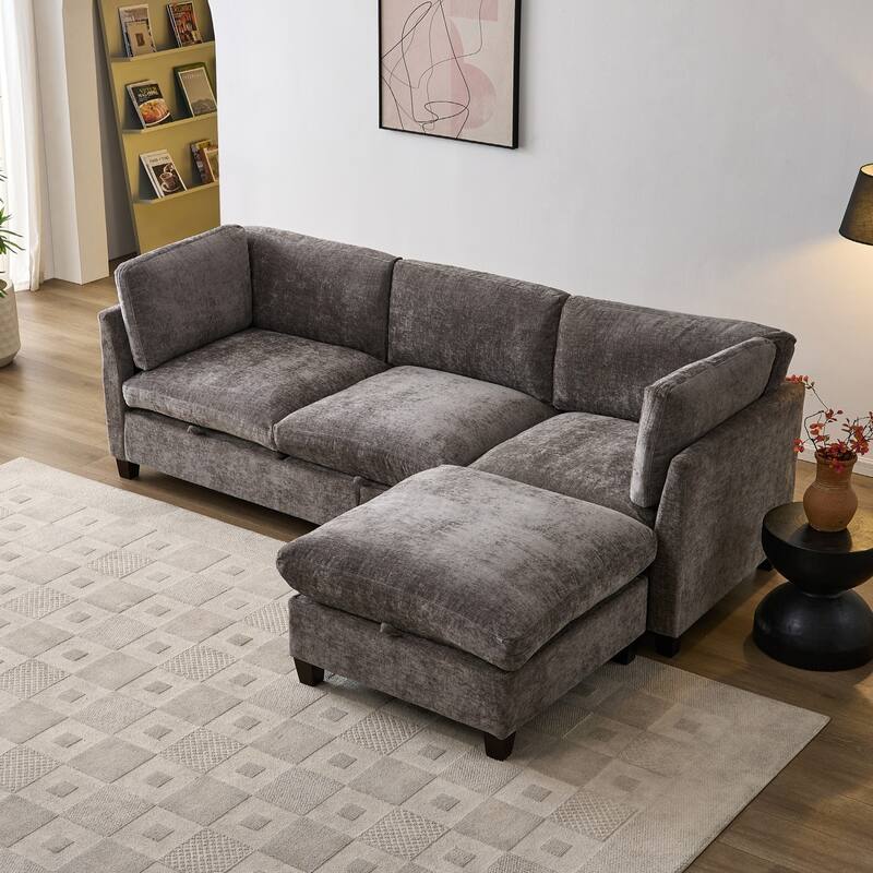 96.5" L-Shaped Chenille Sectional Sofa with Storage and Movable Ottoman