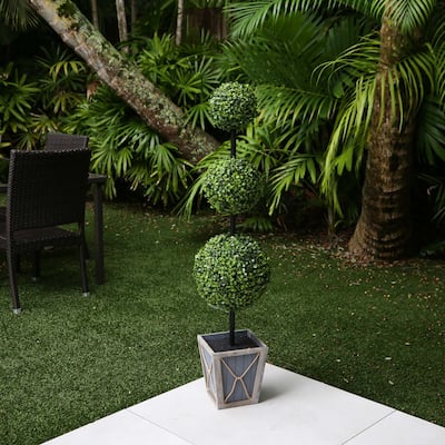 Potted Double Ball Artificial Boxwood Topiary Tree - 3.75' - Clear LED Lights