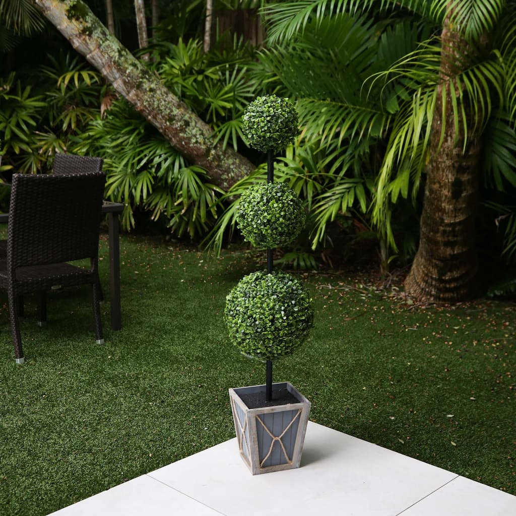 Potted Double Ball Artificial Boxwood Topiary Tree - 3.75' - Clear LED Lights