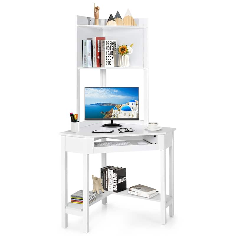 Corner Desk with Hutch Triangle Corner Computer Desk with Bookshelves - White