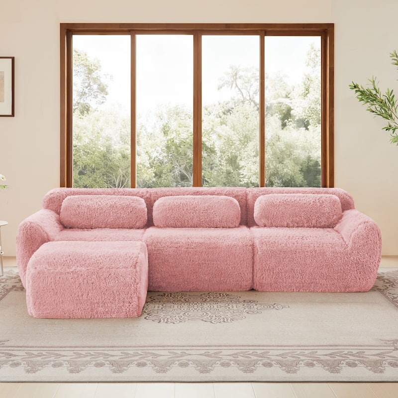 L-Shaped Boneless Sectional Sofa Set with Ottoman, Throw Pillows, 32D High-Density Sponge, No Assembly Required