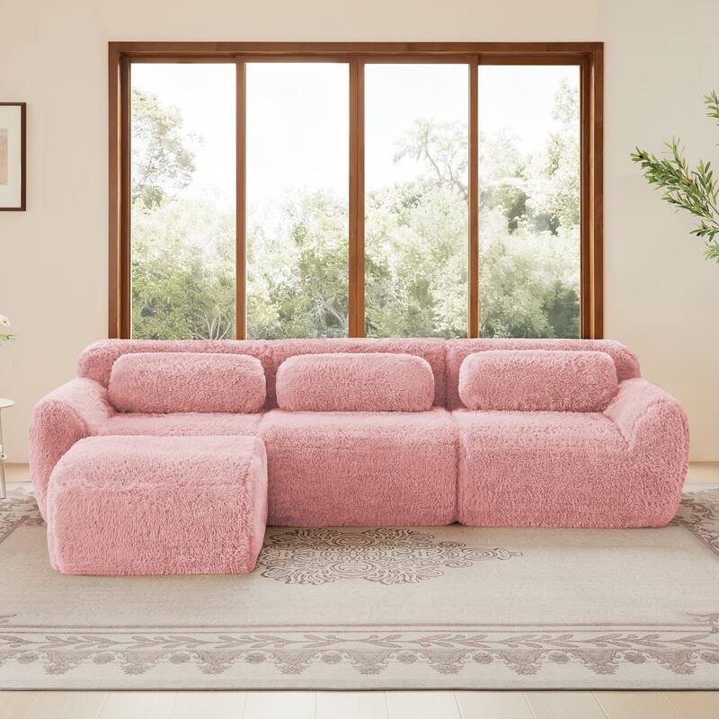 L-shaped Soft And Fluffy Plush Fabric,Boneless Sofa, With Throw Pillows 32D High Density Sponge, No Assembly Required Bottom