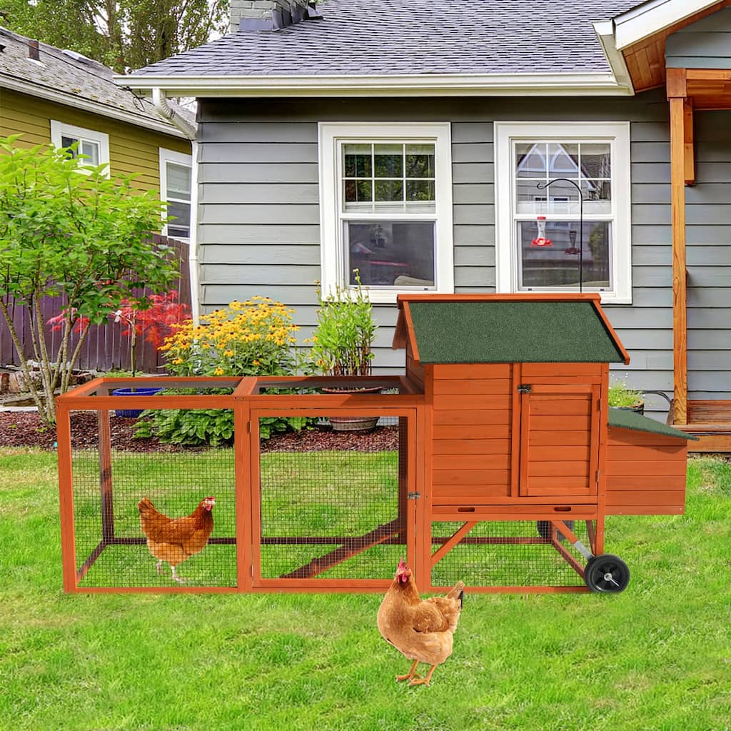 Kinpaw Chicken Coop 97" Outdoor Hen House with Wheels Small Animal Cage Nesting Box W/ Waterproof Roof Removable Pull Out Tray