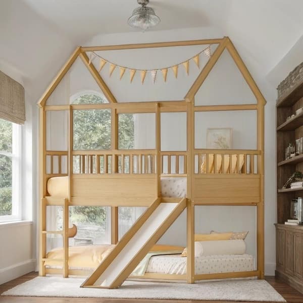 slide 2 of 10, House Bunk Bed with Convertible Slide and Ladder, Twin Over Twin Natural