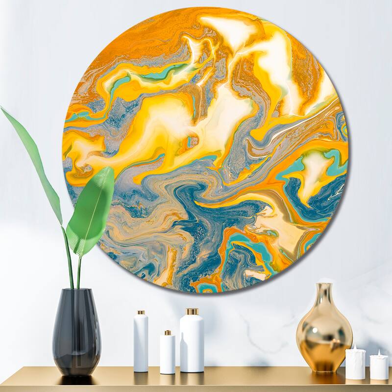 Designart 'Yellow And Blue Marble Waves I' Modern Metal Circle Wall Art - 23x23 - Disc of 23 Inch